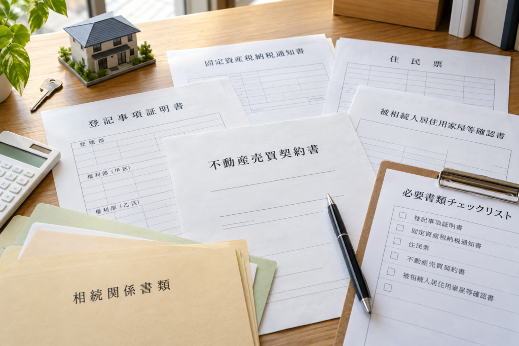 明るいデスクに並べられた日本語の不動産・相続関係書類
