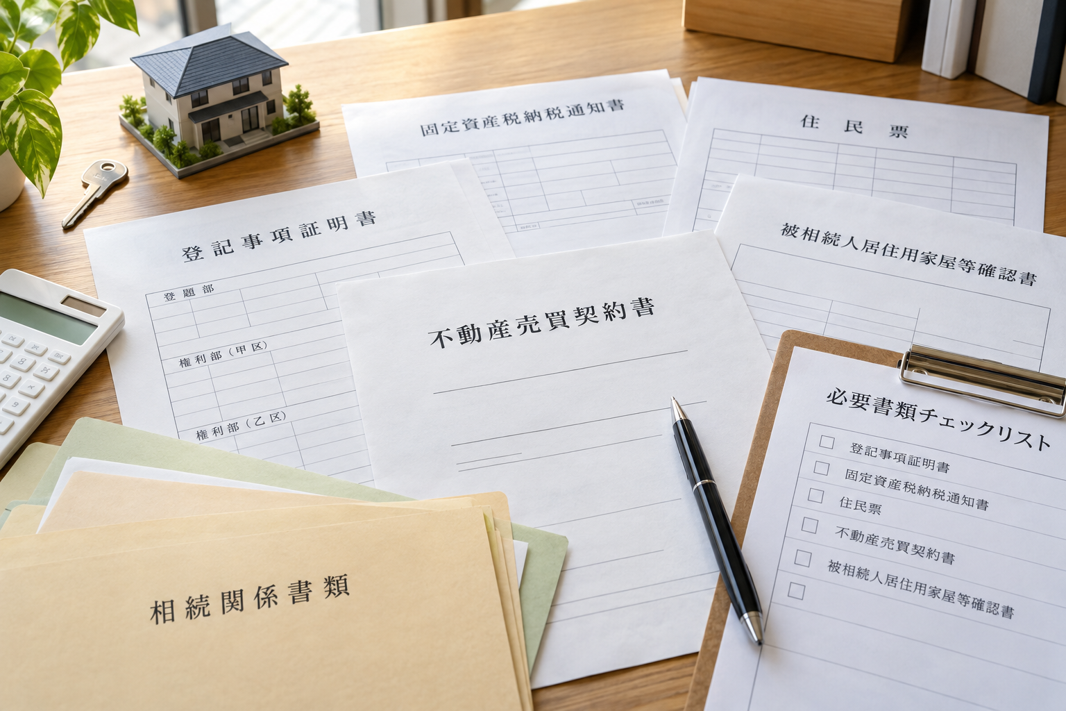 明るいデスクに並べられた日本語の不動産・相続関係書類